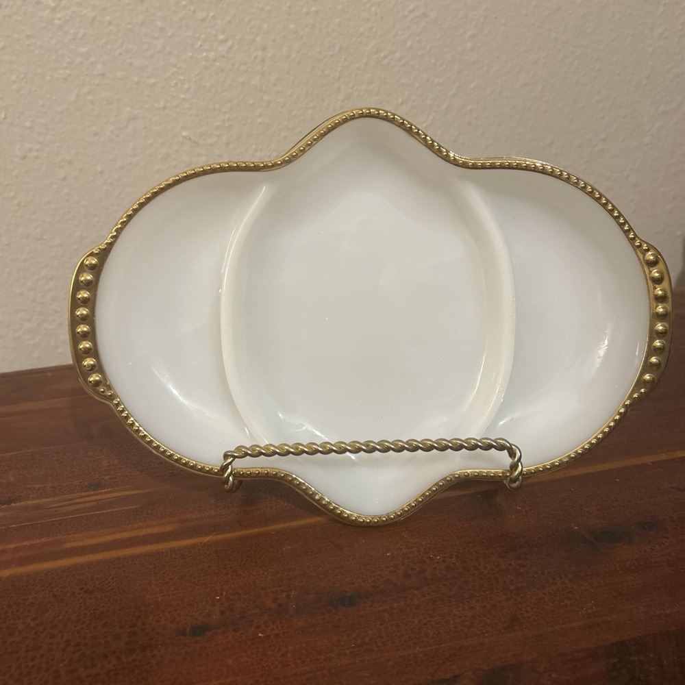 VTG Anchor Hocking Fire King Divided Relish Serving Platter Milk Glass Gold Trim